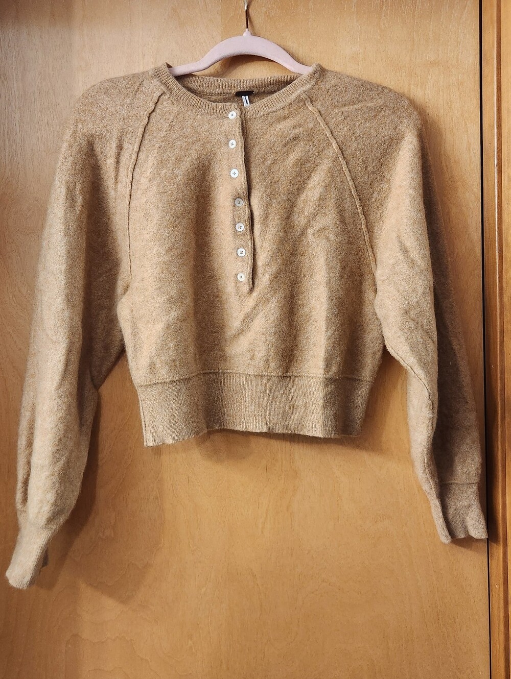 Free People 100% Cashmere Cropped Henley Sweater Camel Size Small